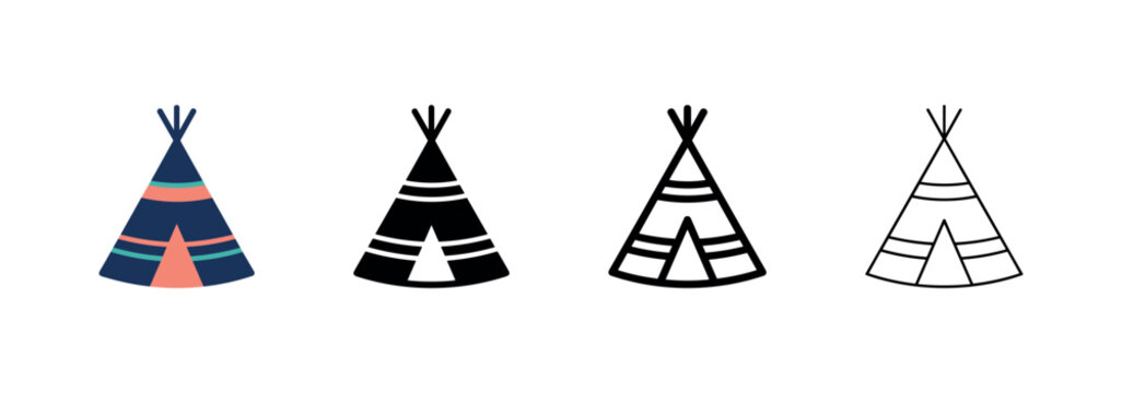 Teepee tent icon set in various styles for camping and outdoor adventure