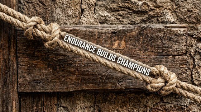 Rope with text "Endurance Builds Champions" tied to weathered wood, symbolizing strength and