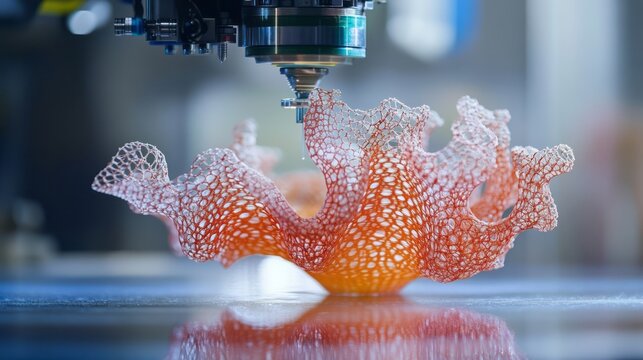 Close-up of advanced 3D printer creating futuristic flexible lattice object glowing porous structure in modern laboratory additive manufacturing technology rapid prototyping and industrial innovation