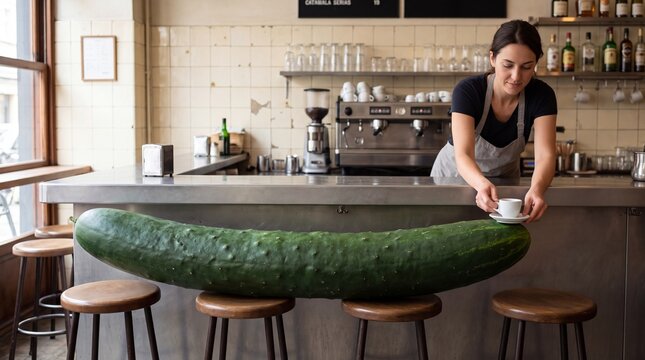 Giant Cucumber on a Cafe Counter. Barista serving coffee