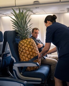 Giant Pineapple in an Airplane Seat. Flight attendant and passenger