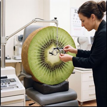 Giant Kiwi at the Eye Doctor. Optometrist examining fruit