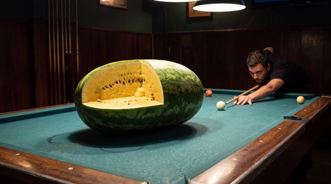 Giant Watermelon on a Pool Table. Man playing billiards