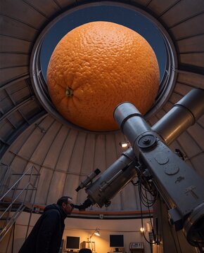 Giant Orange in an Observatory Dome. Astronomer at the telescope