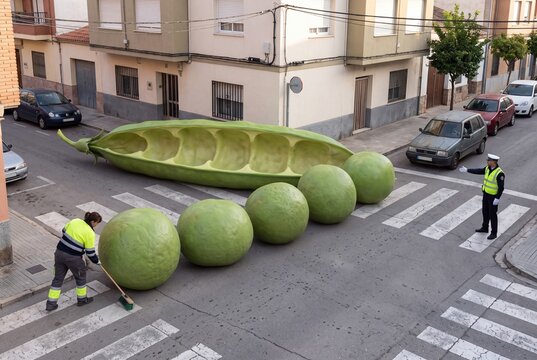 Giant Pea Pod on a Crosswalk. Workers sweeping peas off the road