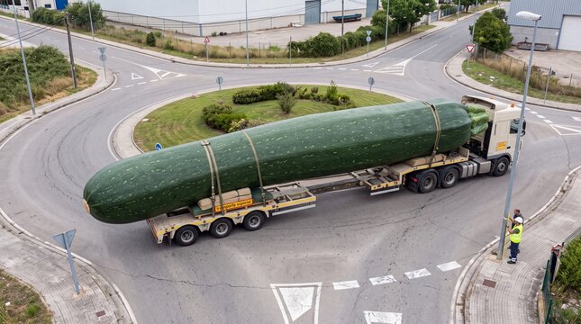 Giant Zucchini on a Flatbed Truck. Oversize load at a roundabout