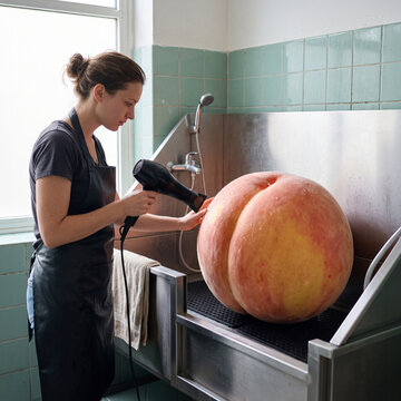 Giant Peach at the Grooming Salon. Groomer blow drying fruit