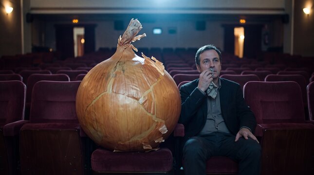 Giant Onion at the Cinema. Man watching a film beside huge onion