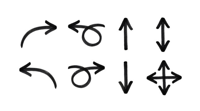 Set of six hand drawn arrow icons including curved, circular, up, down, left, right, and four-way directional pointers