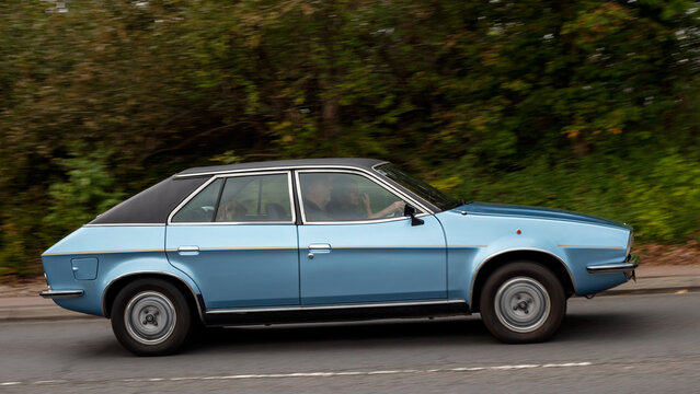 Milton Keynes; UK - Sept. 27th 2026: 1980 blue British Leyland hls Princess classic car driving on a British road
