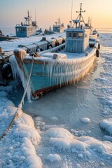 Fototapeta premium Frozen fishing boats covered in thick ice, snow at sunrise. Old vessels rest in icy harbor with long icicles hanging from hull. Winter seascape shows calm ocean with frosty maritime scene during cold