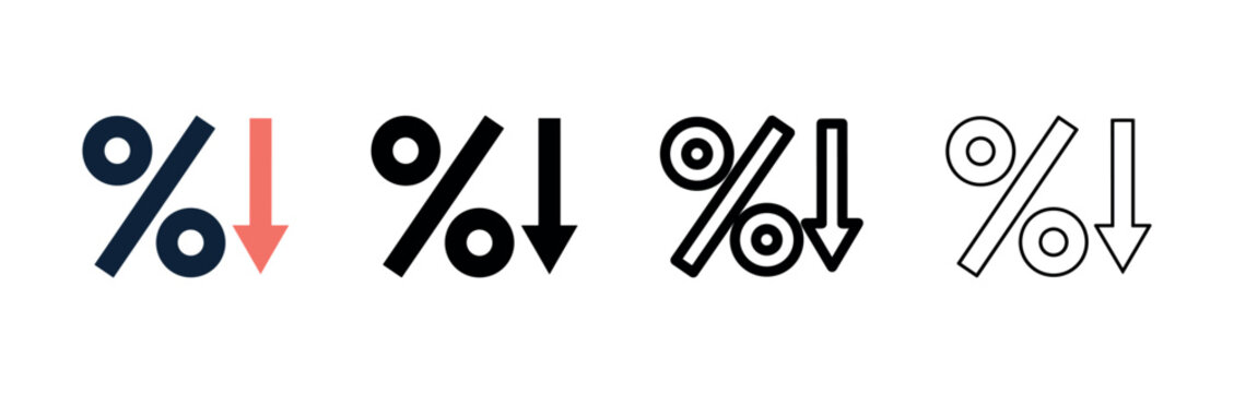 Percentage Decrease Icon Set with Downward Arrow for Financial Loss