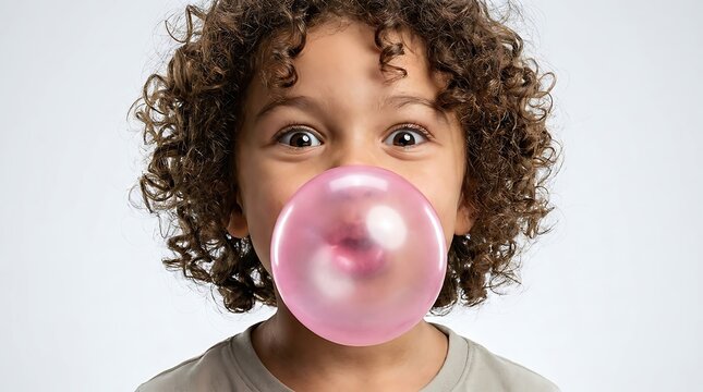 Playful young child with curly hair blowing a large pink bubblegum bubble against a light background showcasing childhood joy