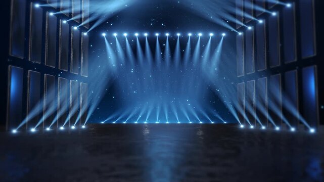 Bright spotlights empty virtual stage wall panels, sparkling particles reflective floor. open center offers presentation setting product launches, concert visuals, award ceremonies event announcements