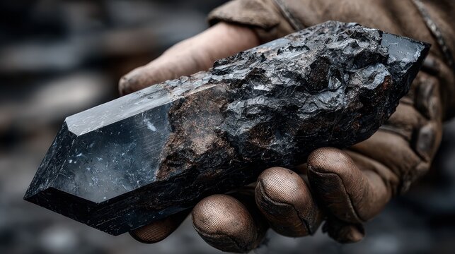 dirty hand holding black mineral.