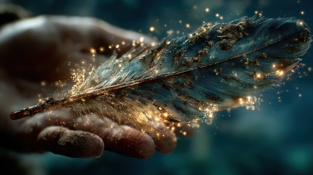 Hand holding sparkling digital leaf.