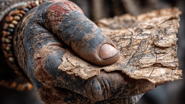 Hand holding piece of bark.