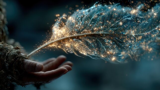 Hand holding sparkling feather magic.