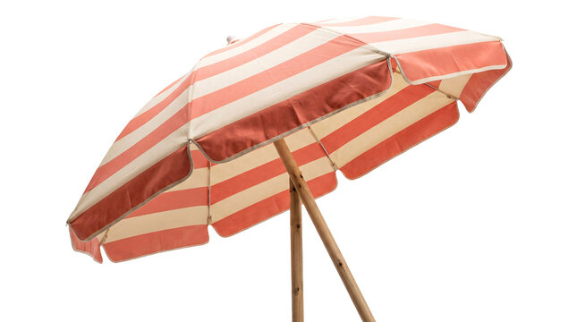 Striped beach umbrella with wooden pole, isolated on white background, summer vacation accessory, protection from sun and heat
