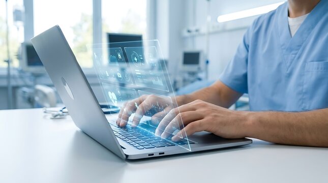 Medical professional using advanced digital holographic data interface on a laptop in a hospital clinical laboratory environment