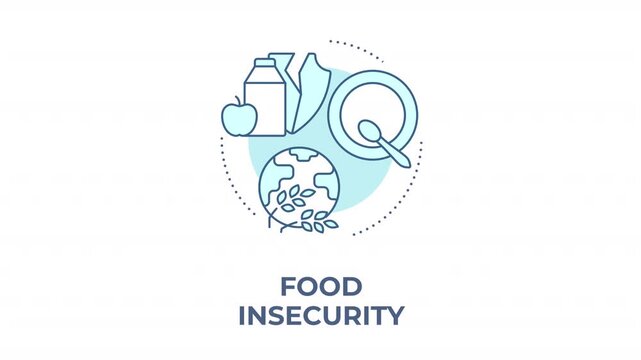 Food insecurity animated monochrome cyan concept icon. Community wellness initiatives. Urban agriculture challenges. Climate resilient crops. Minimalist blue line animation. Circular motion graphic