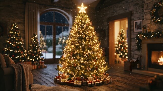 Beautifully decorated christmas tree in cozy living room