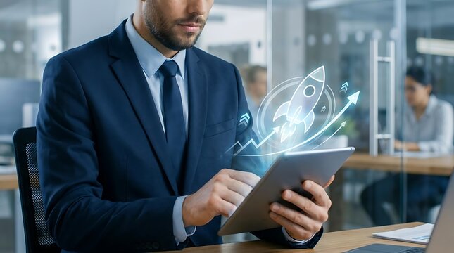 Businessman using tablet for startup launch startup growth startup innovation with rocket hologram for startup development and startup success