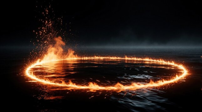 Glowing orange ring of fire burns on dark water surface. Fiery circle creates sparks, smoke in night ocean. Magic portal opens with energy particles, bright embers. Abstract elemental loop with