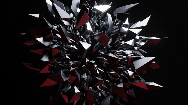 Surreal macro view of sharp metallic fragments exploding in dark space. Chaotic broken shards float, vibrate with high contrast lighting. Abstract 3D render shows destruction, crisis, volatility