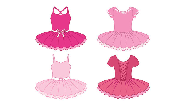 Pink ballet tutu dress vector illustration set. Ballerina costume, dance leotard, fluffy tulle skirt, bows, laces, girl performance outfit and classic dancing apparel elements.