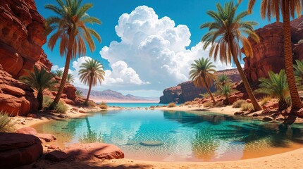 Obraz premium Tropical oasis with palm trees beside crystal clear desert pool. Red rock mountains surround turquoise lagoon under bright blue sky with big white clouds. Peaceful summer landscape for travel,
