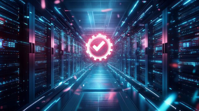 Cybersecurity concept inside futuristic data center, glowing approved check icon, server hardware, fiber optic lights database protection and secure digital network infrastructure for business systems