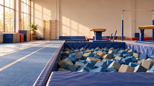 Foam pit with blue gray cubes in empty gymnastics hall at sunset, vault with uneven bars in warm light, training gym, nobody