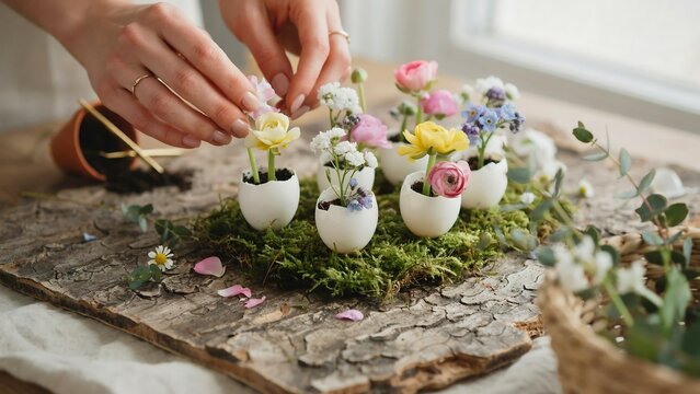 Hands arranging small spring flowers in white eggshell planters placed on a bed of green moss on a rustic wooden board
