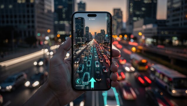 Person holding phone with glowing augmented reality route interface above blurred road traffic illustrating future navigation autonomous mobility and intelligent city travel real time guidance display
