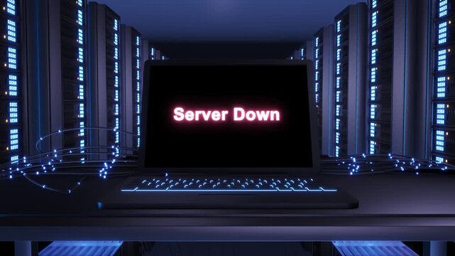 Laptop screen shows Server Down warning blue server room lined cabinets cables. scene conveys network interruption unavailable services for incident reports, infrastructure presentations support