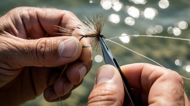Close up of male hands tying fishing fly onto line using metal forcpic. Skilled angler prepares artificial lure with hook for trout fishing. Man uses precision tool for knotting gear near river water