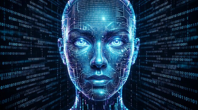 Humanoid face formed by glowing blue digital binary code and circuitry patterns on a dark background