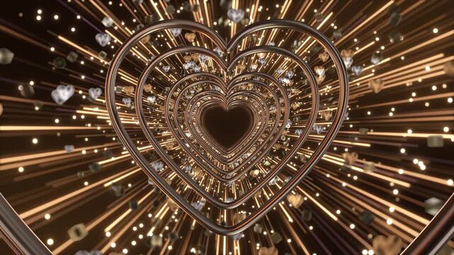 Gold hearts nested heart frames warm radiant streaks deep central perspective. luminous tunnel offers backdrop love themed titles, romantic messages, wedding presentations premium celebration edits.
