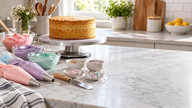 Cake decorating supplies with sponge cake on turntable, pastel buttercream bowls, piping bags, sprinkles on marble counter, nobody