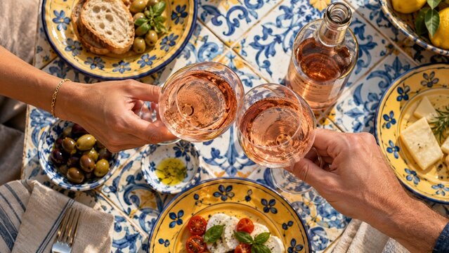 Overhead view of two people toasting Portuguese Vinho Verde ros&eacute; wine over a sunlit azulejo table with olives, rustic bread, fresh cheese and basil, capturing relaxed summer food and wine culture.