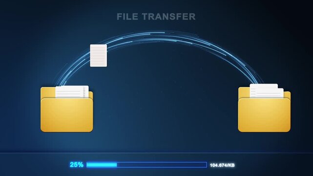 A document icon appears folders beneath File Transfer label, progress indicator below. interface style scene visualizes digital file exchange, transfer status and document sharing workflow software