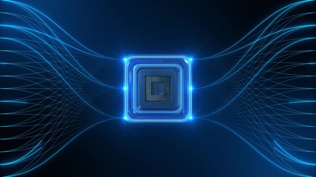 Neon blue microchip is surrounded waves of fine luminous lines connection points. abstract computing scene evokes data communication, semiconductor technology automated systems for innovation video
