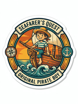 Round nautical badge sticker of a smiling pirate boy on a ship figurehead at sunset, retro vector illustration