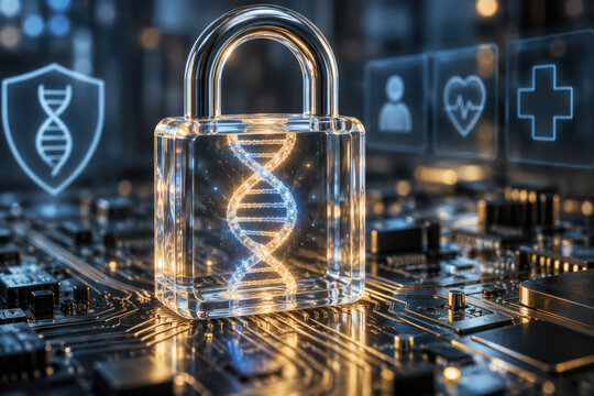 Glass padlock encasing glowing DNA double helix on circuit board representing genetic privacy data protection biotechnology bioethics and secure genomic information policy concept