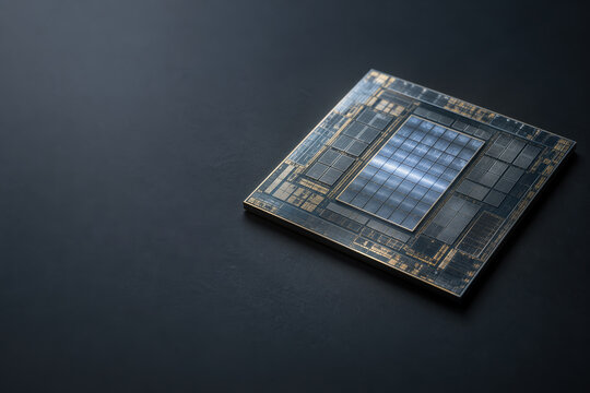 MRAM silicon wafer chip on matte charcoal surface with cool blue-white internal glow commercial product image conveying low-power magnetic memory and spintronics innovation