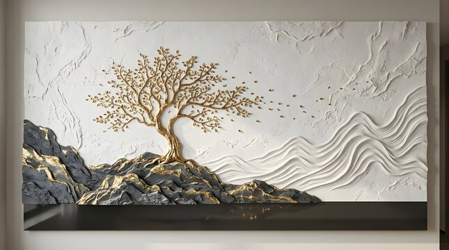 Abstract gold tree 3d relief wall art mural with white plaster textured background for luxury home.