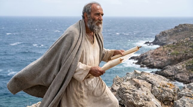 John standing by sea with scroll
