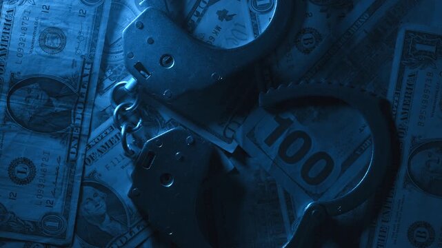 Metal handcuffs rotating over a stack of dollar banknotes. Dirty money, fraud and corruption