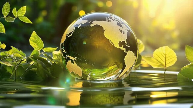 Miniature planet globe on green leaves beside calm water with bright morning light creates peaceful environmental scene for ecology sustainability conservation climate awareness and nature harmony